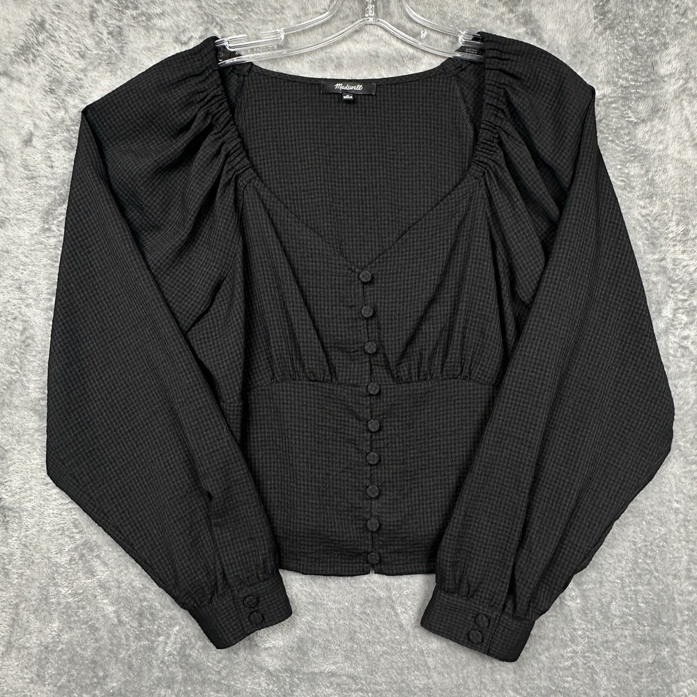 Madewell Blouse Women's Medium Black Check V-Neck Long Sleeve Cropped EUC
